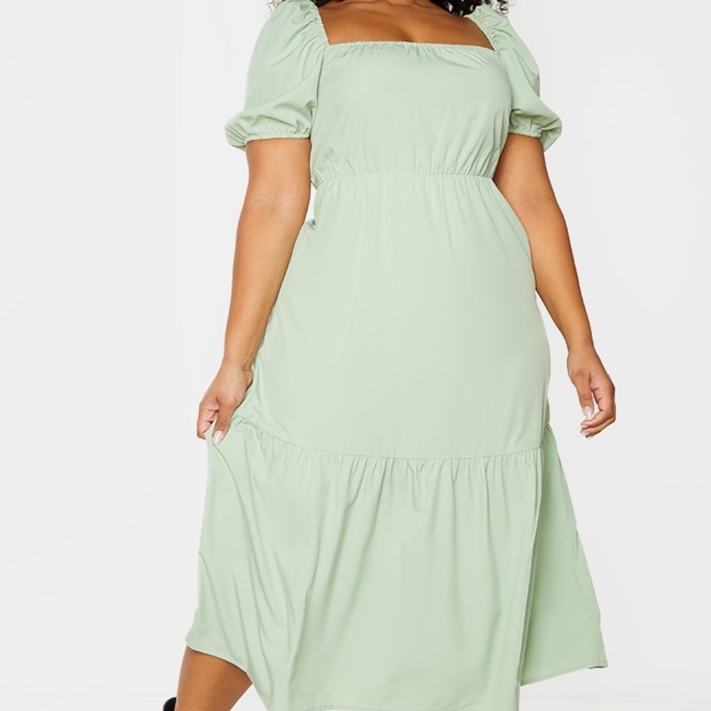 PLT PLUS - Green Puff Sleeve Tiered Dress